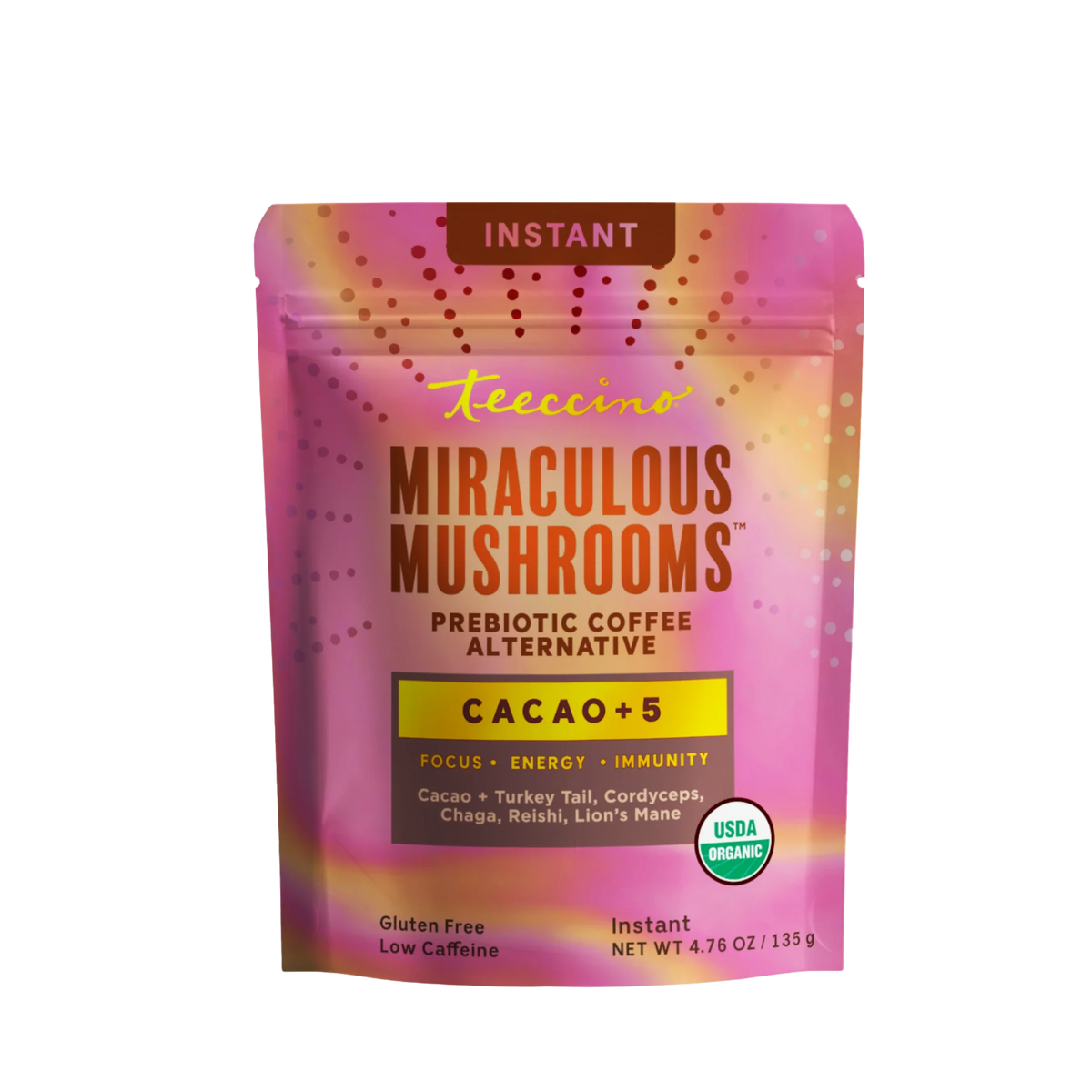 Instant cacao + 5 prebiotic coffee alternative pouch, USDA organic