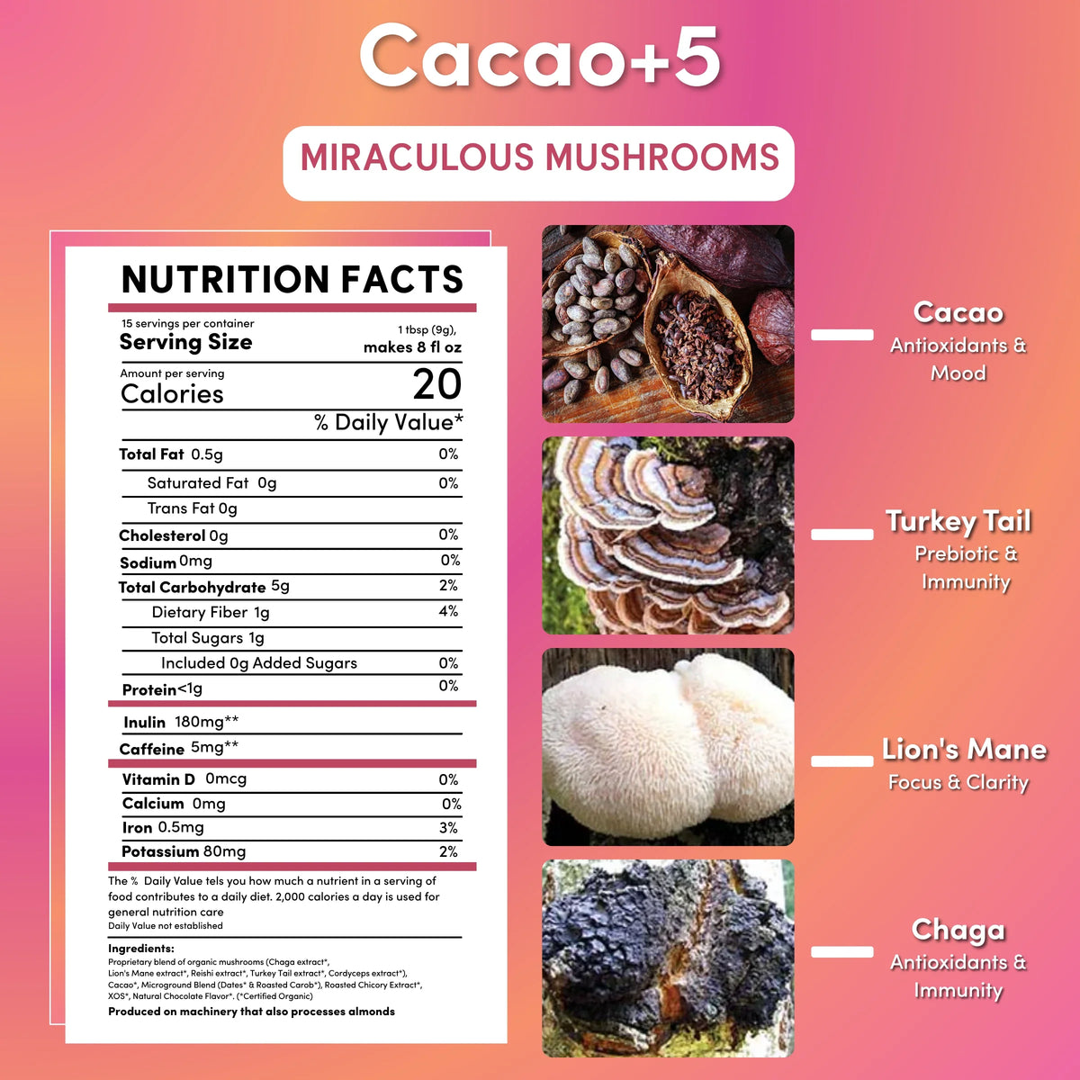 Miraculous Mushrooms Cacao+5 nutrition facts panel with cacao and mushroom callouts