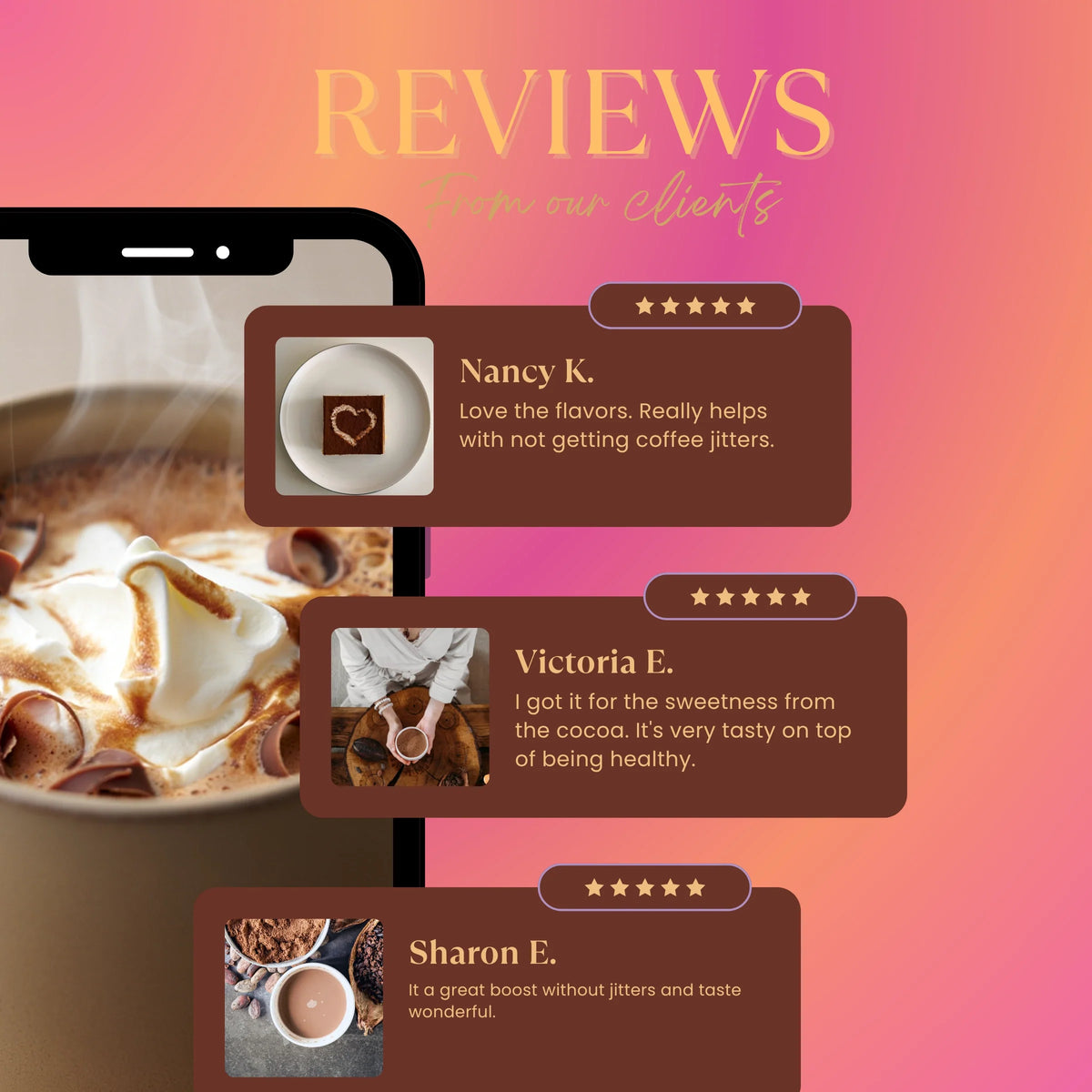 Miraculous Mushrooms Cacao+5 prebiotic coffee pouch with customer review cards