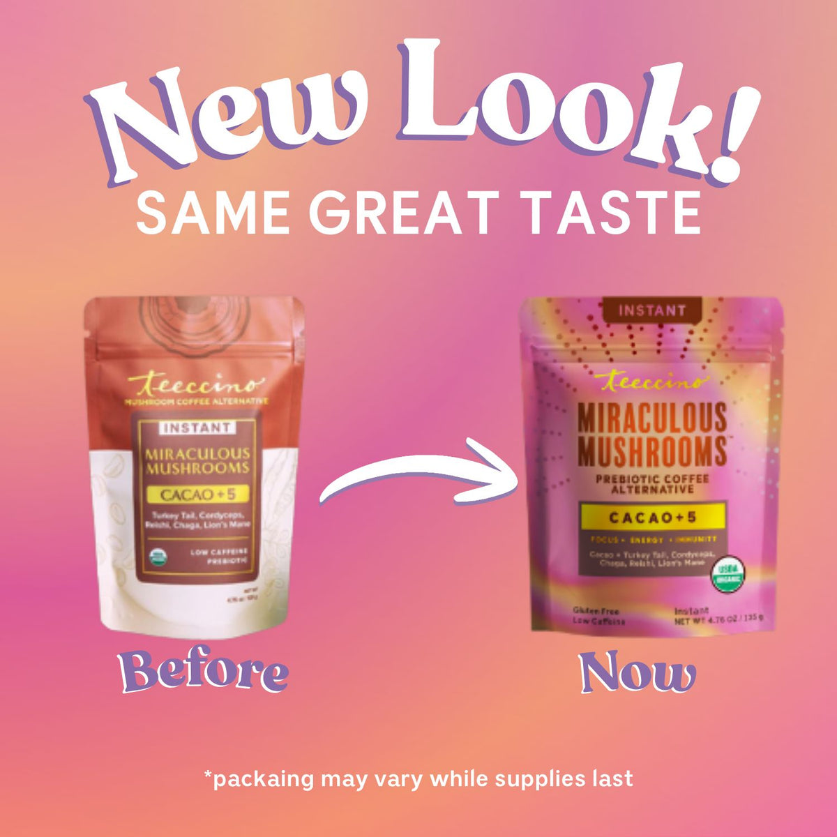 Miraculous Mushrooms Cacao+5 packaging comparison: before and now, two pouches