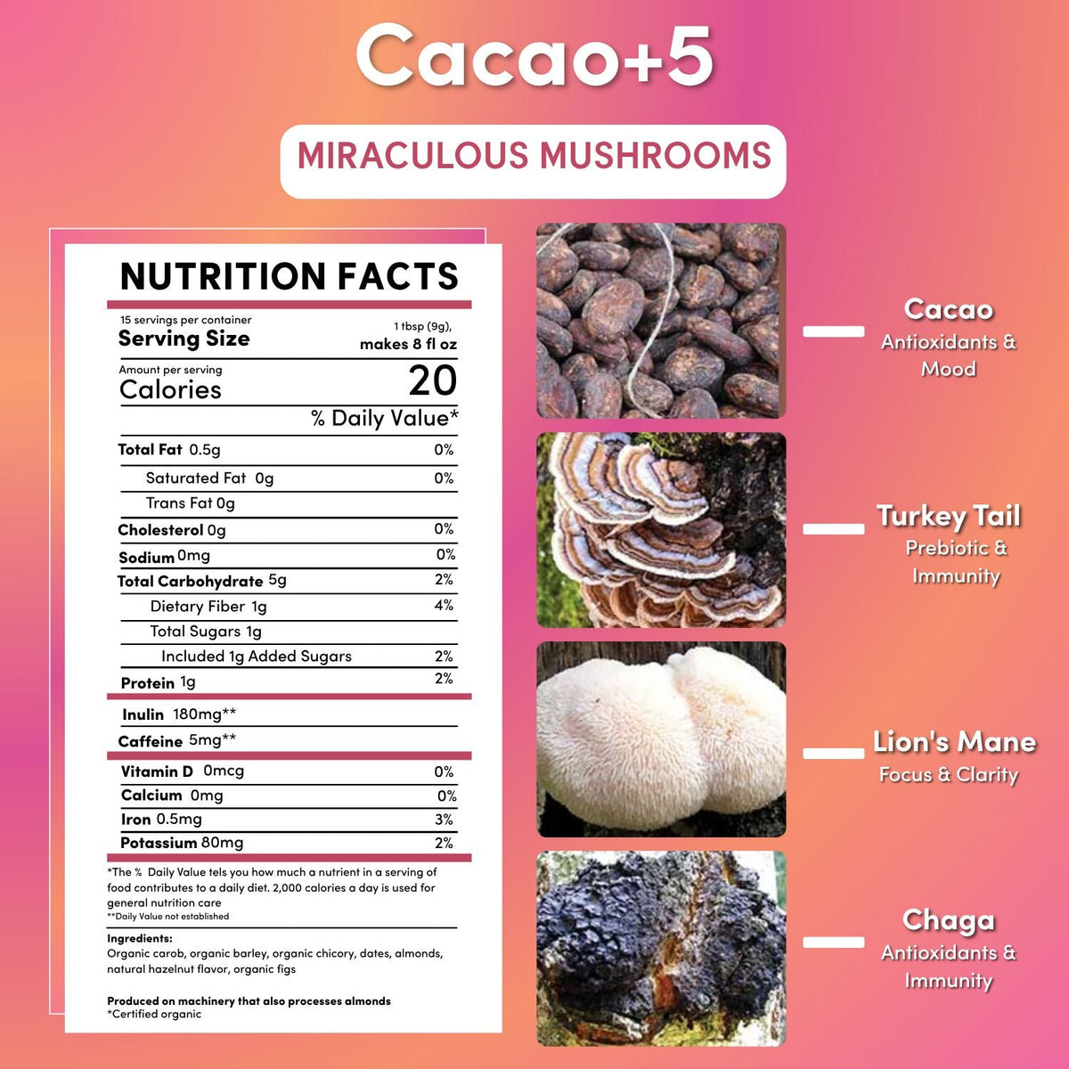 Miraculous Mushrooms Cacao+5 nutrition facts panel with mushroom ingredient images