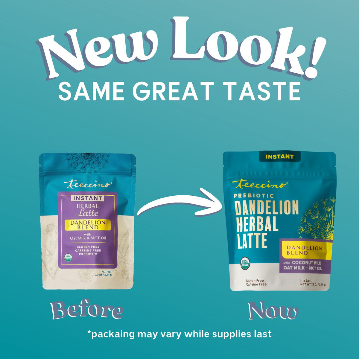 Instant latte packaging before and now comparison with arrows and "New Look" text