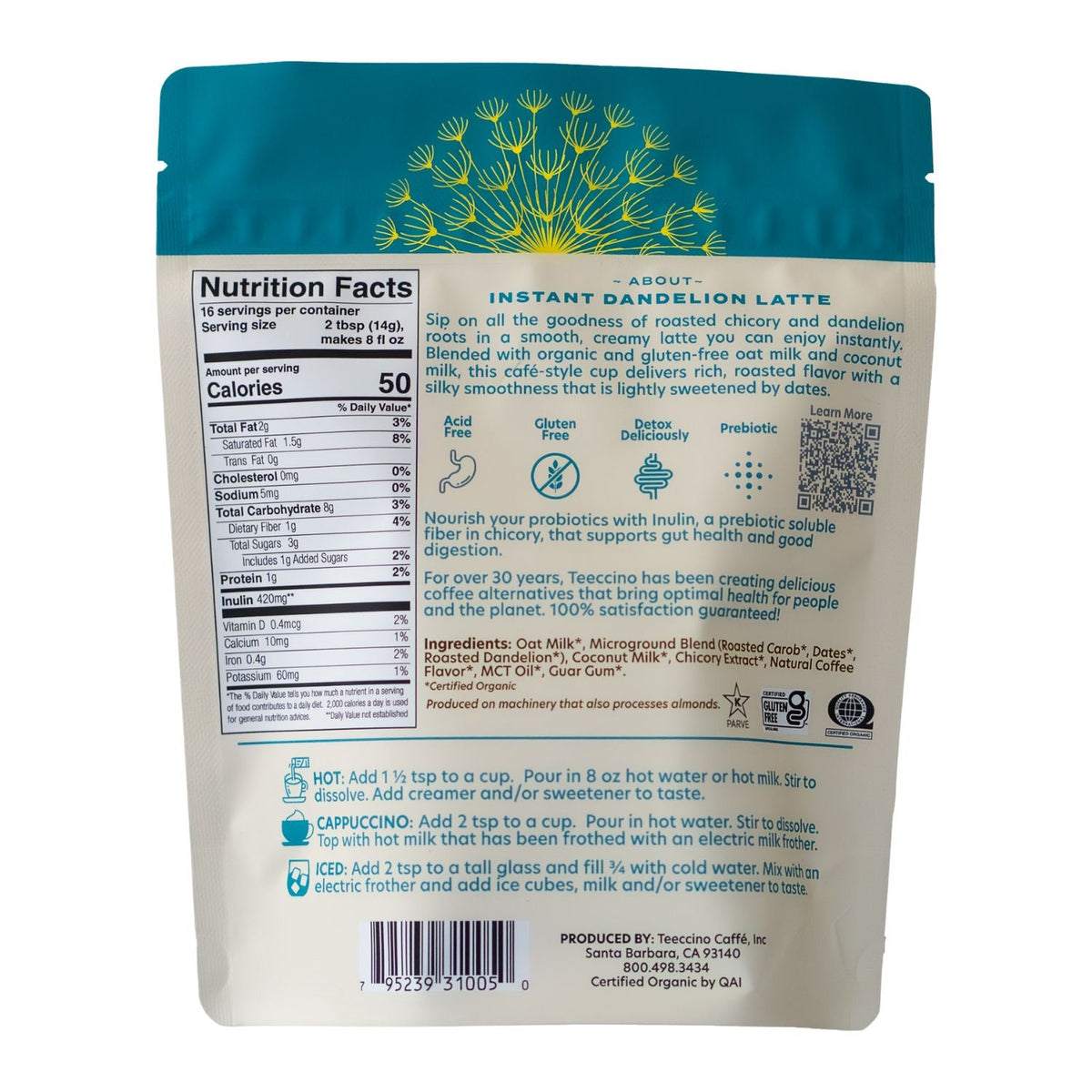Instant dandelion herbal latte pouch back with nutrition facts information