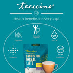Health benefits graphic with icons and an instant dandelion herbal latte pouch