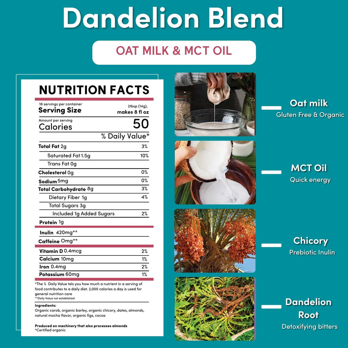 Dandelion blend nutrition facts panel with oat milk & MCT oil callouts