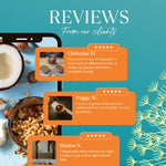 Reviews banner with star ratings and customer quote cards in purple and orange
