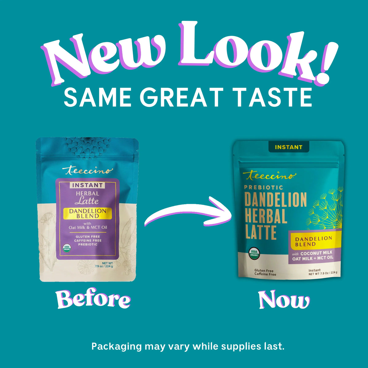 Instant herbal latte mix pouches, showing old vs new packaging