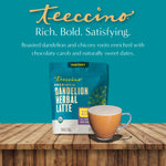 Instant herbal latte mix pouch and mug with creamy latte, prebiotic dandelion