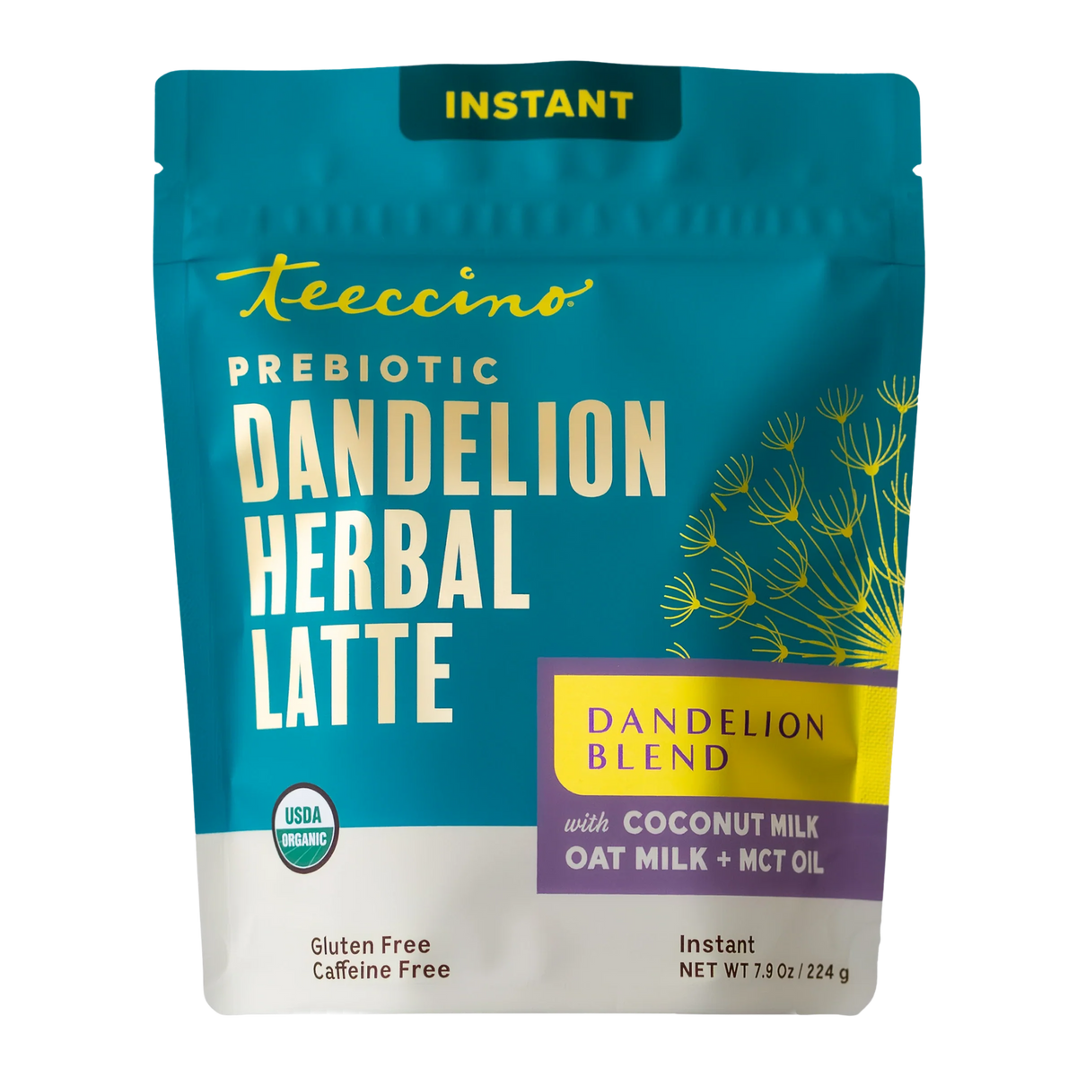 Instant dandelion herbal latte pouch, teal blue with yellow "Dandelion Blend" label