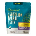 Instant dandelion herbal latte pouch, teal blue with yellow "Dandelion Blend" label