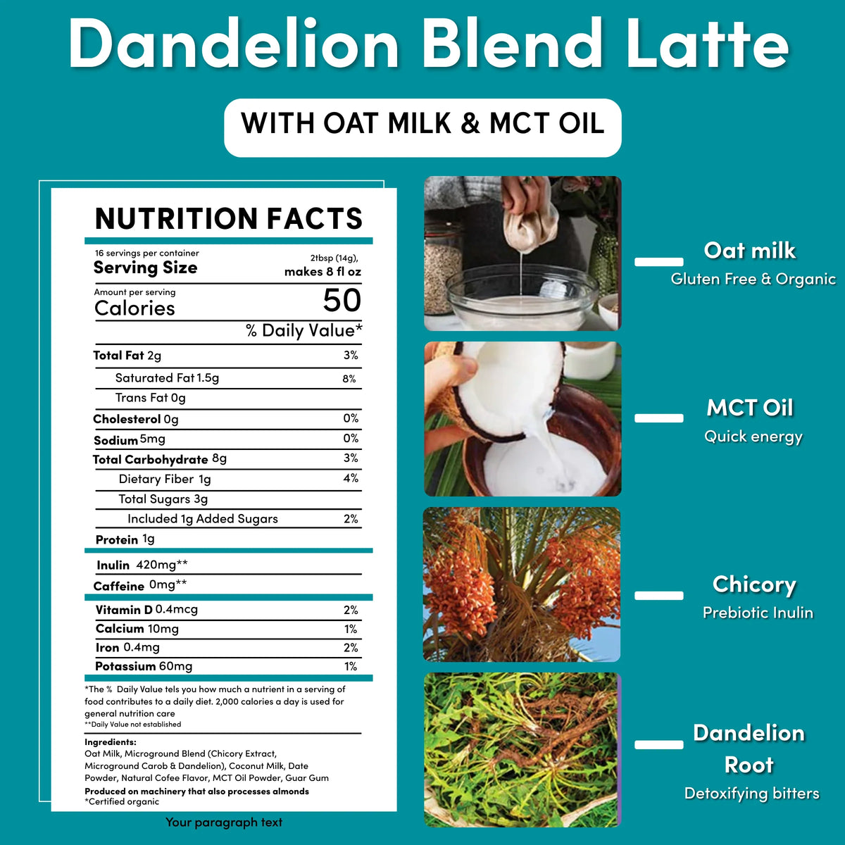 Dandelion blend latte nutrition facts with oat milk, MCT oil, chicory and root