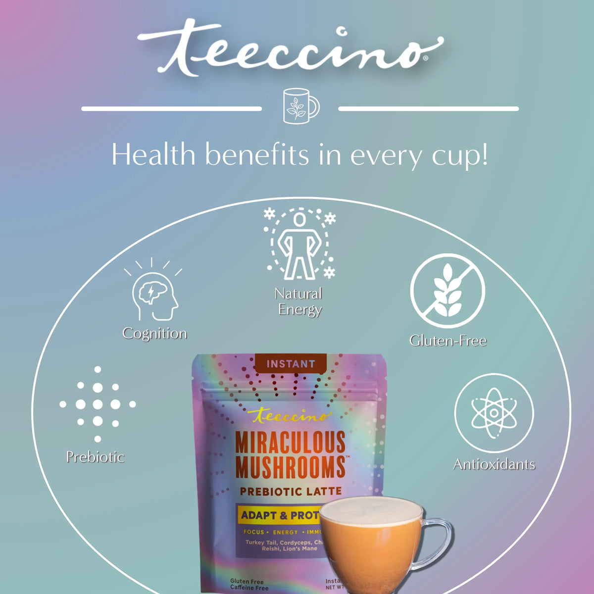 Instant herbal latte prebiotic pouch with cup illustration and health benefit icons