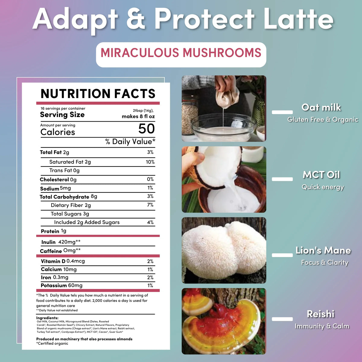 Instant herbal latte supplement pouch with adapt & protect label and nutrition facts panel