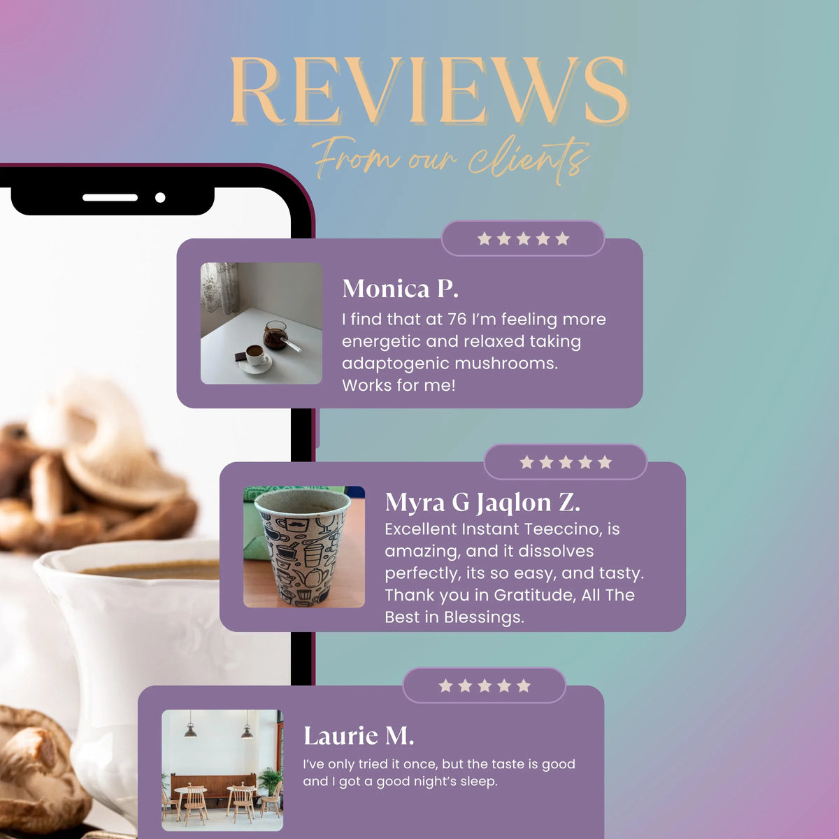 Instant herbal latte reviews graphic with latte cup and Miraculous Mushrooms pouch