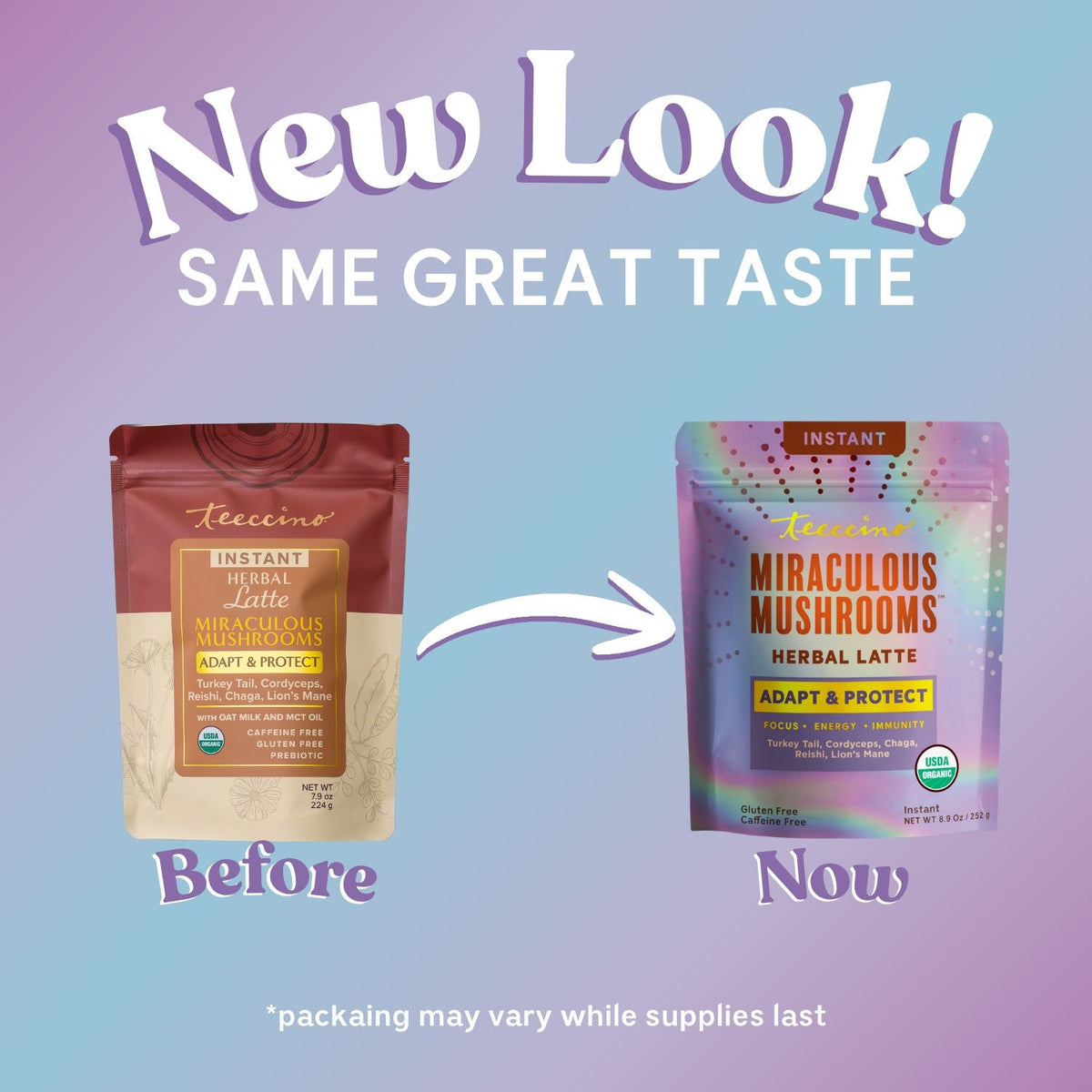 Instant herbal latte packaging comparison showing Miraculous Mushrooms pouch and sachet