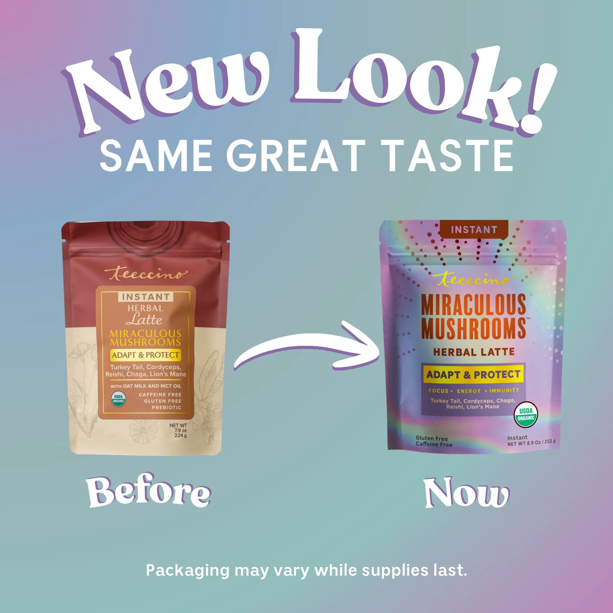 Instant herbal latte pouch set: red before bag and new purple now bag with arrow