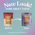 Instant herbal latte 'new look' pouches side by side: red before, purple now
