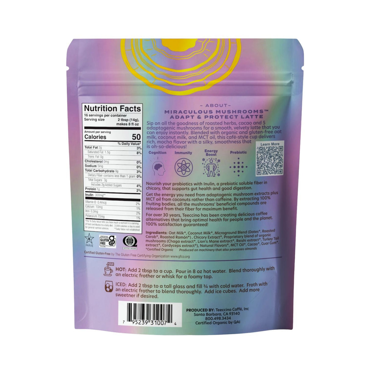 Instant herbal latte pouch back panel with Nutrition Facts and ingredient list
