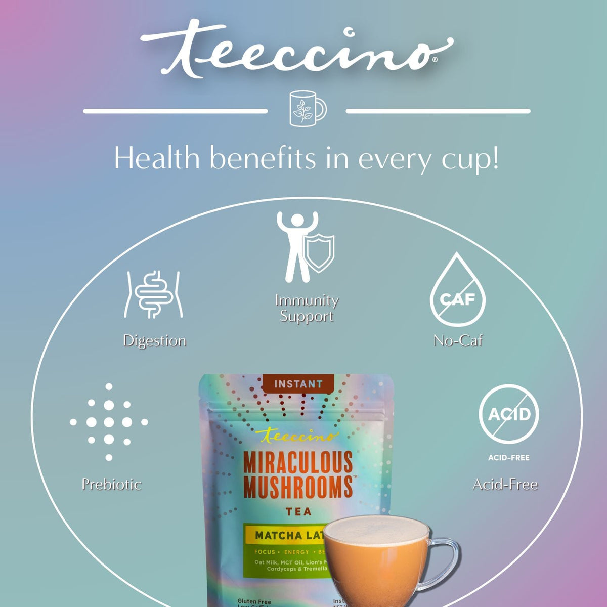 Instant herbal latte pouch with health benefit icons and cup