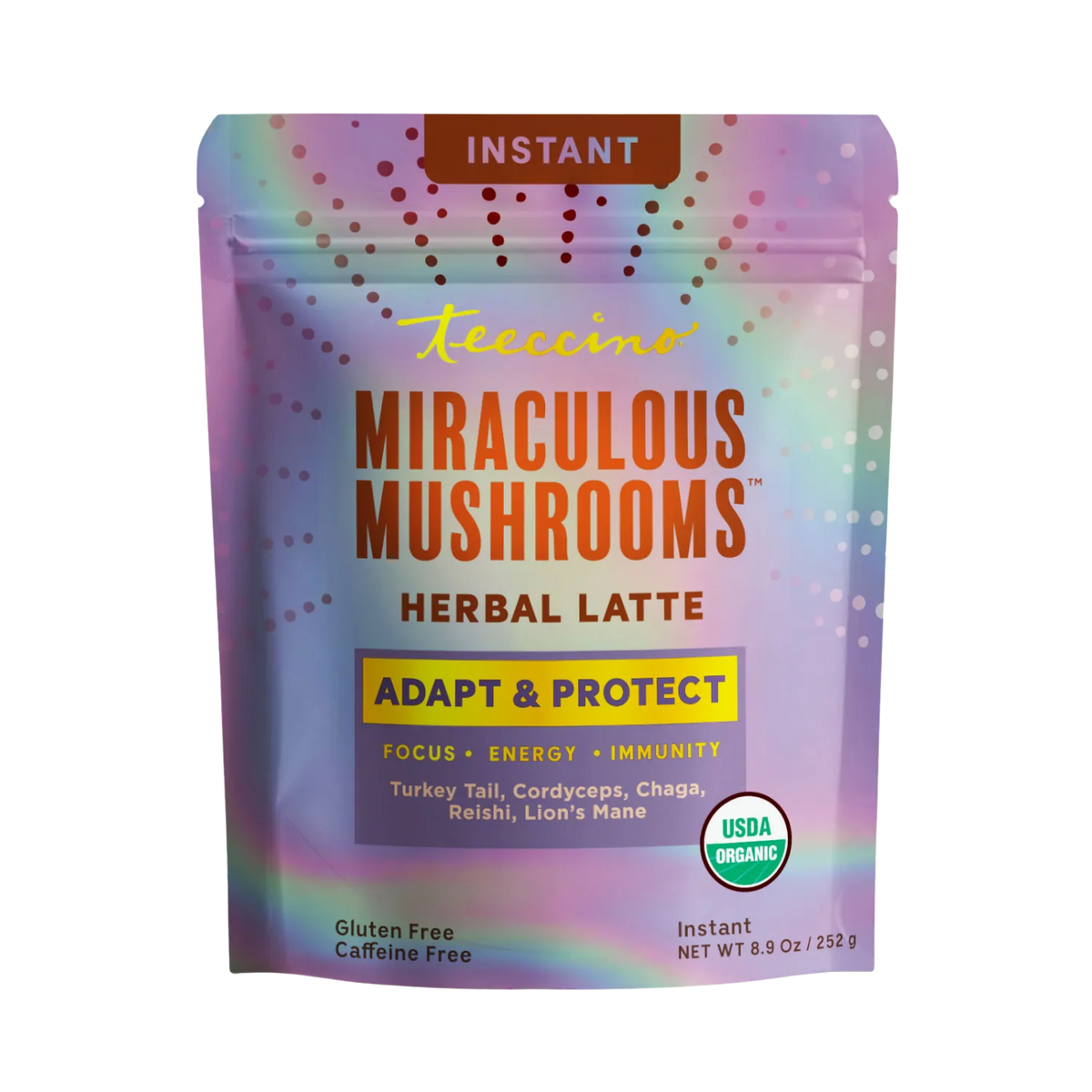 Instant herbal latte pouch with Miraculous Mushrooms Herbal Latte Adapt & Protect label