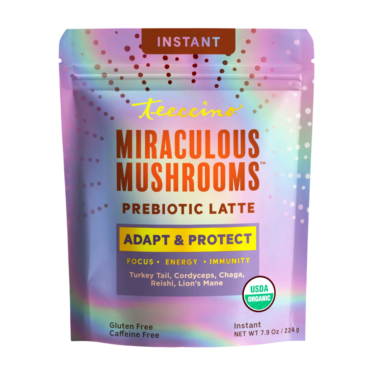 Instant herbal latte pouch with Miraculous Mushrooms Adapt & Protect and USDA organic seal