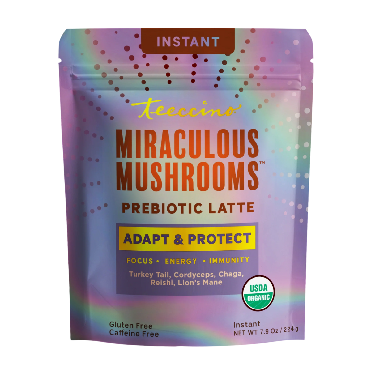 Instant herbal latte prebiotic pouch with adapt & protect label and USDA Organic seal