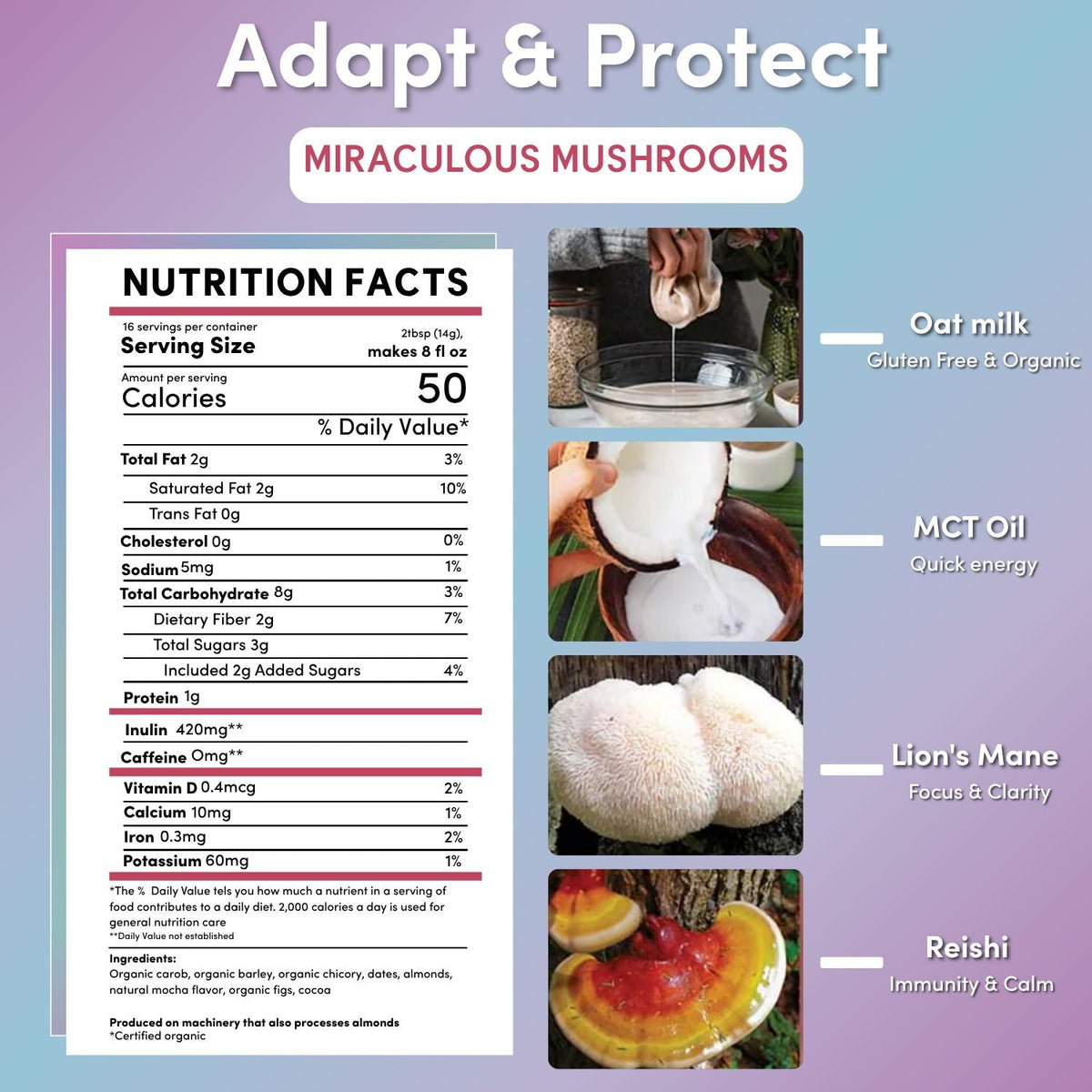 Instant herbal latte Adapt & Protect nutrition facts panel with ingredient callouts