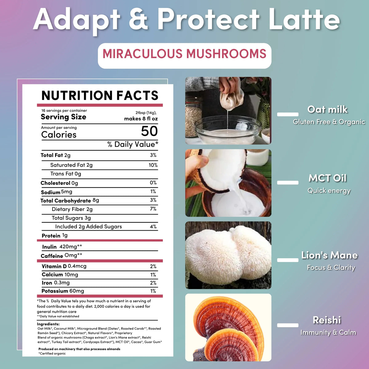 Instant herbal latte adapt & protect pouch with nutrition facts and ingredient callouts