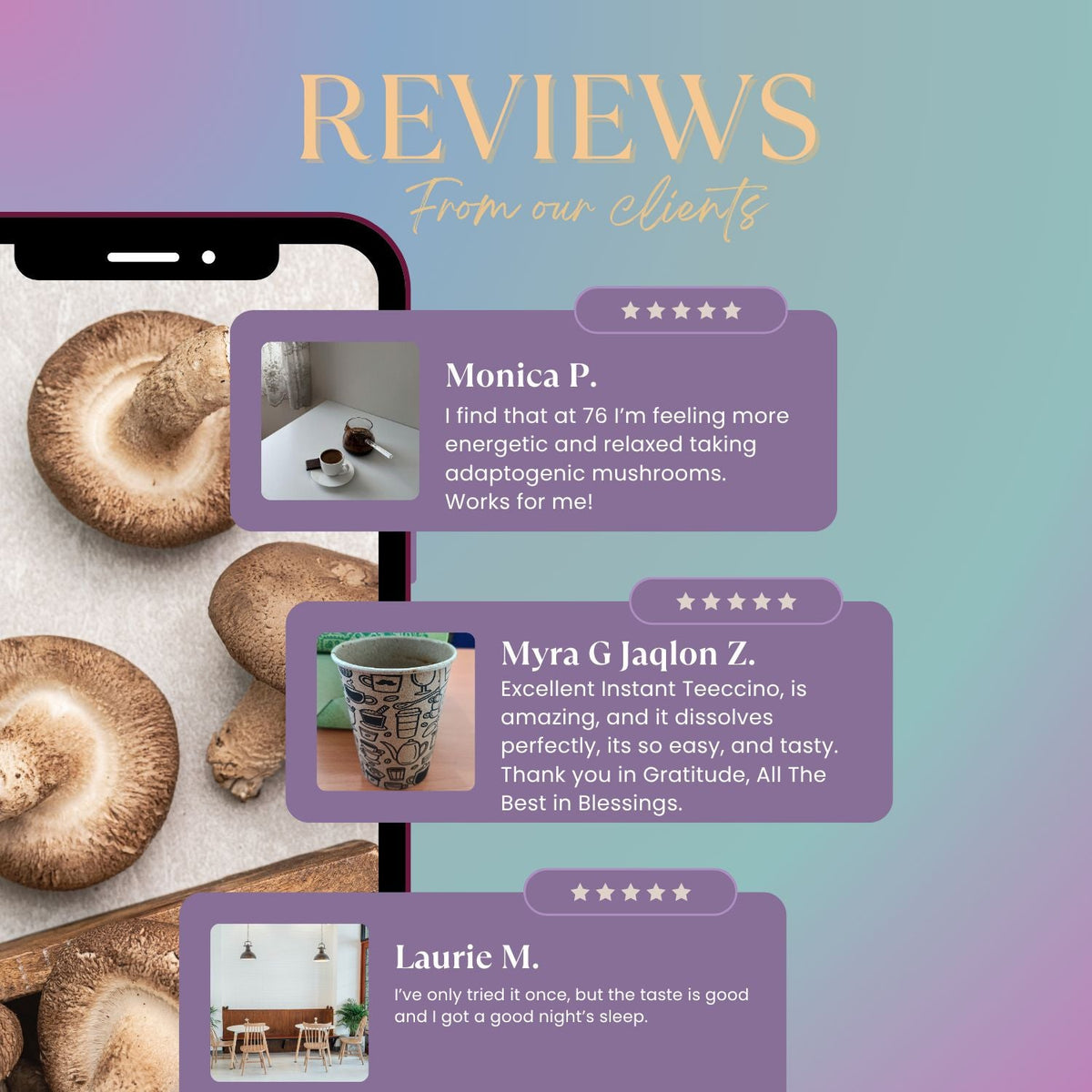Instant herbal latte reviews graphic with latte cup and Miraculous Mushrooms pouch