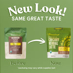 Instant herbal latte pouch comparison: small pouch labeled before, new pouch labeled now