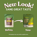 Instant herbal latte sampler with two green pouches, before and now