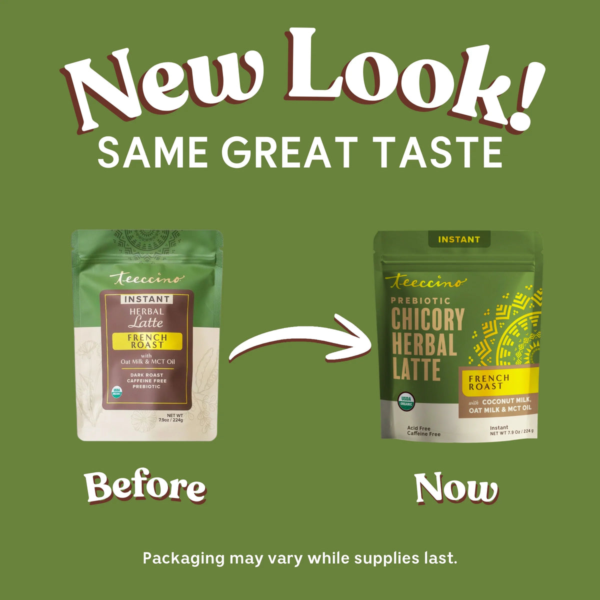 Instant herbal latte sampler with two green pouches, before and now