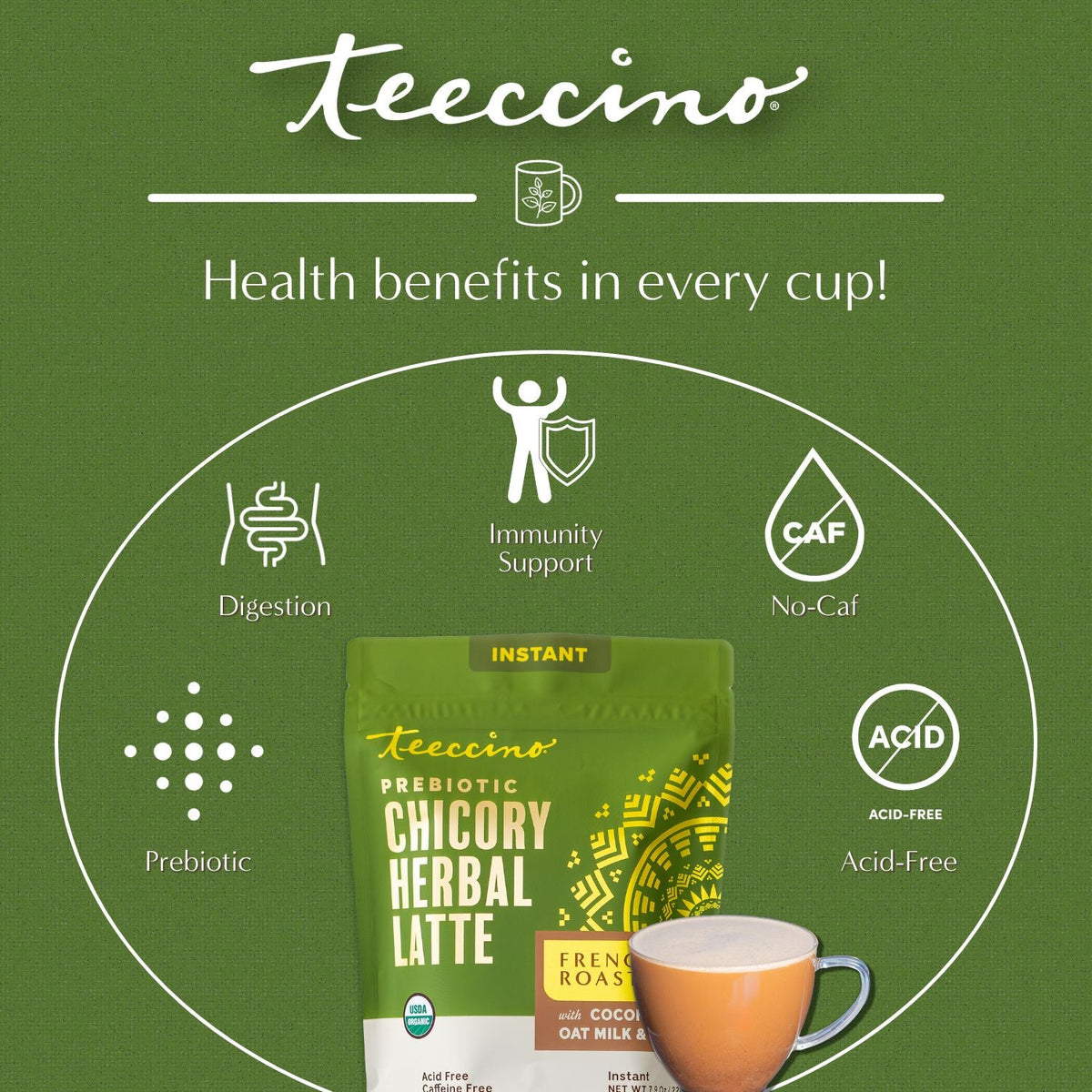 Green instant prebiotic chicory herbal latte pouch with cup and health-benefit icons