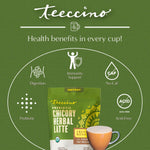 Green instant prebiotic chicory herbal latte pouch with cup and health-benefit icons