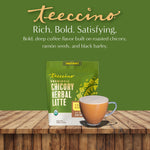 Instant prebiotic chicory herbal latte pouch with French roast branding and cup