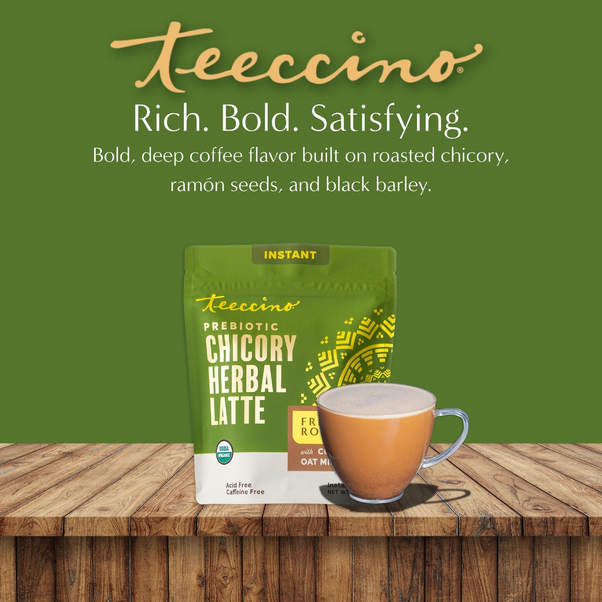 Instant prebiotic chicory herbal latte pouch with French roast branding and cup