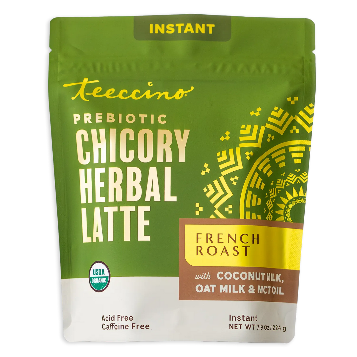Green instant prebiotic chicory herbal latte pouch with French roast label