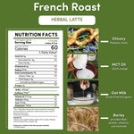 Nutrition facts panel for instant French roast herbal latte pouch