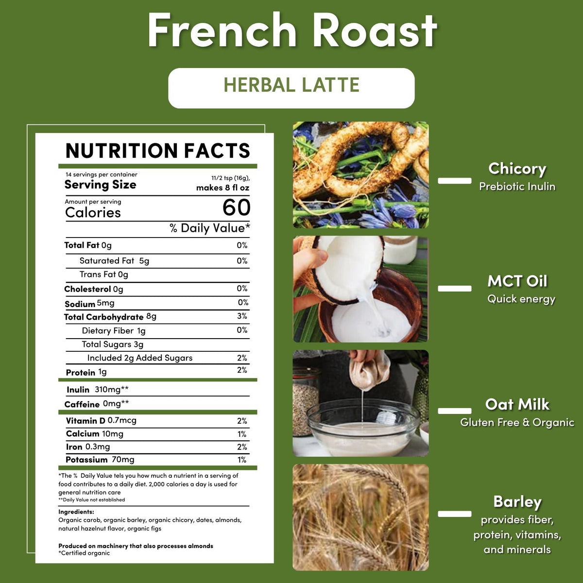 Nutrition facts panel for instant French roast herbal latte pouch