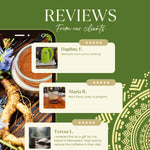 Marketing reviews graphic featuring instant herbal latte pouch thumbnail and cup