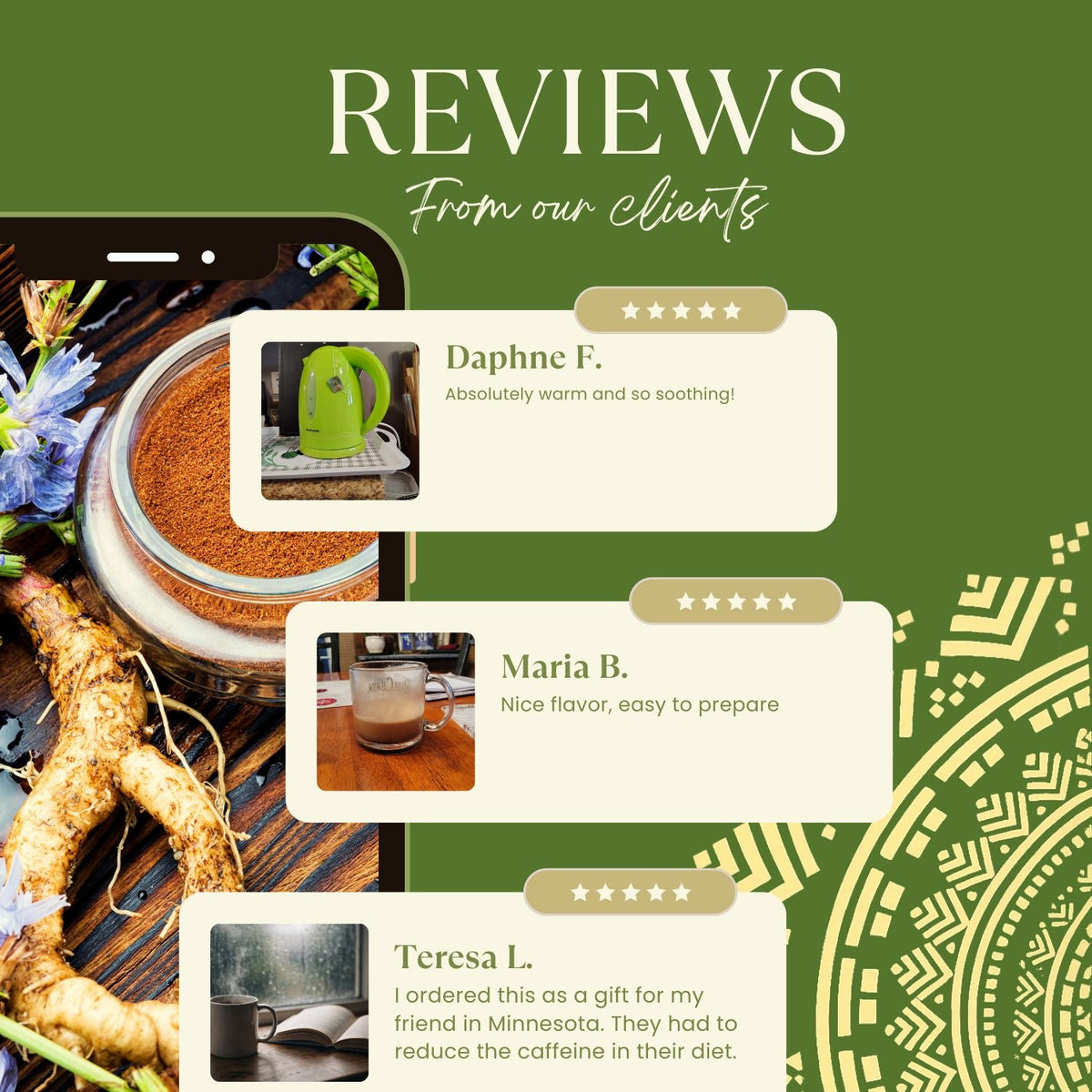 Marketing reviews graphic featuring instant herbal latte pouch thumbnail and cup