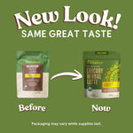 Instant French roast herbal latte, two pouches with before and now arrow