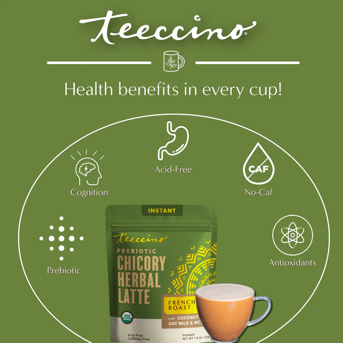 Instant herbal latte pouch with cup and health benefit icons