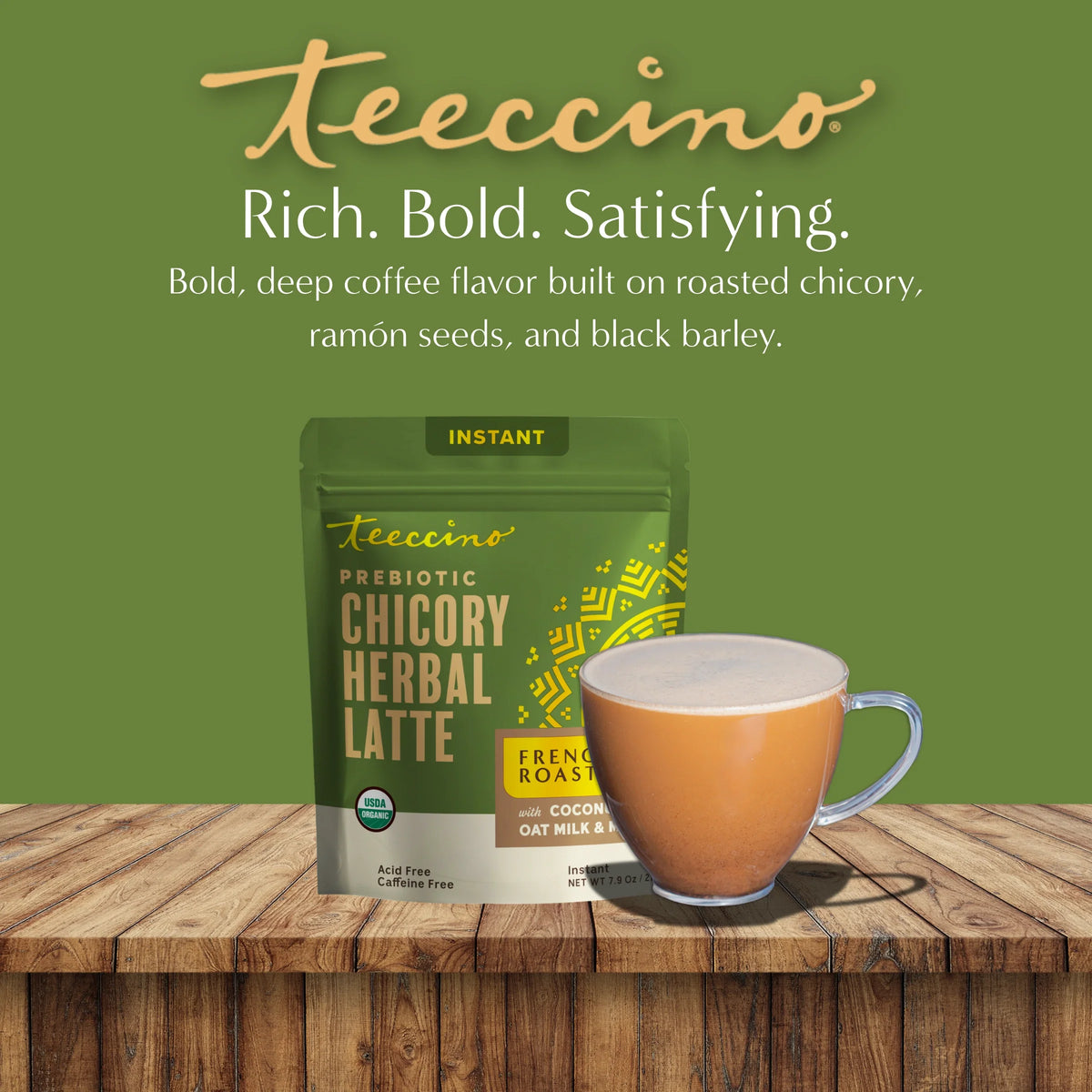 Instant herbal latte pouch with a filled ceramic cup of latte