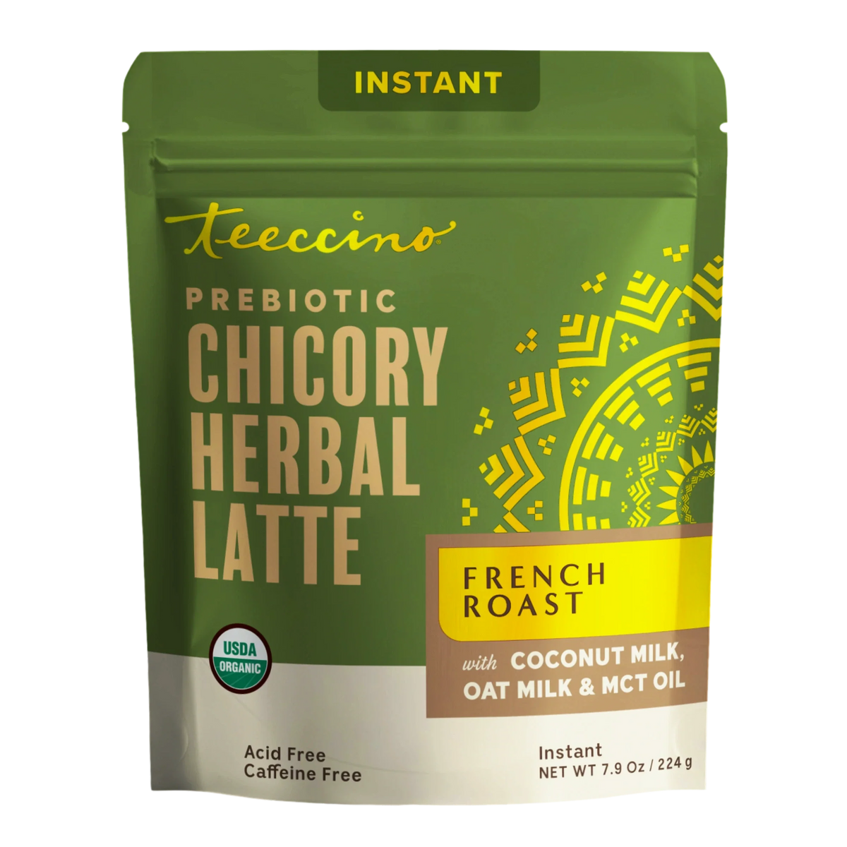 Green instant prebiotic chicory herbal latte pouch, French roast flavor