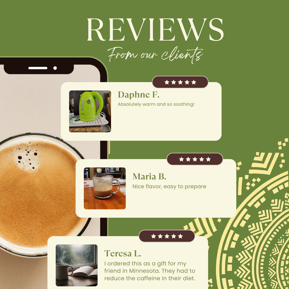 Marketing reviews graphic with small instant herbal latte pouch thumbnail and cup