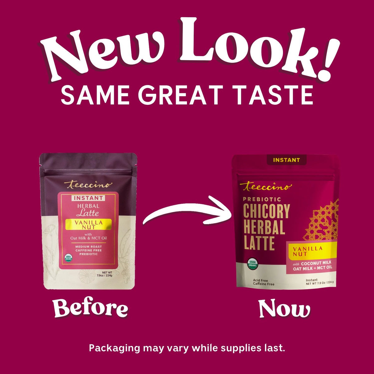 Before and now instant herbal latte mix pouches, Vanilla Nut and Prebiotic Chicory Herbal Latte