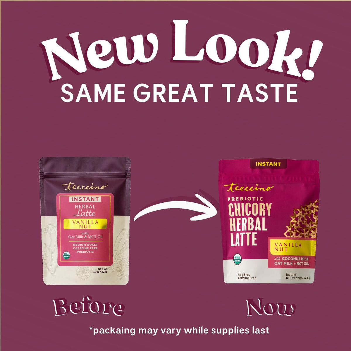 Instant herbal latte mix pouches, Vanilla Nut and Prebiotic Chicory Herbal Latte, before and now