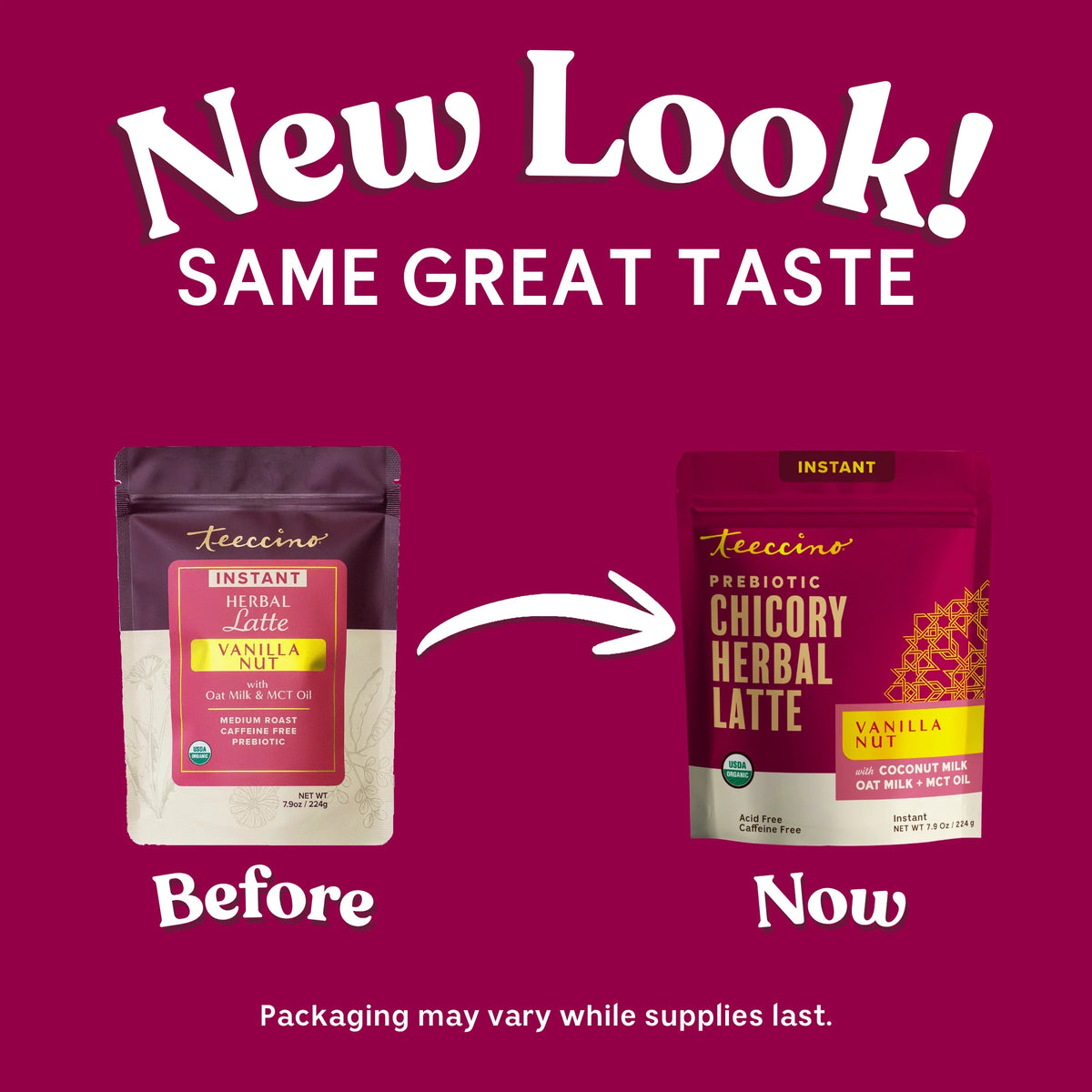 Instant Vanilla Nut herbal latte pouch set, 'Before' and 'Now' packaging shown