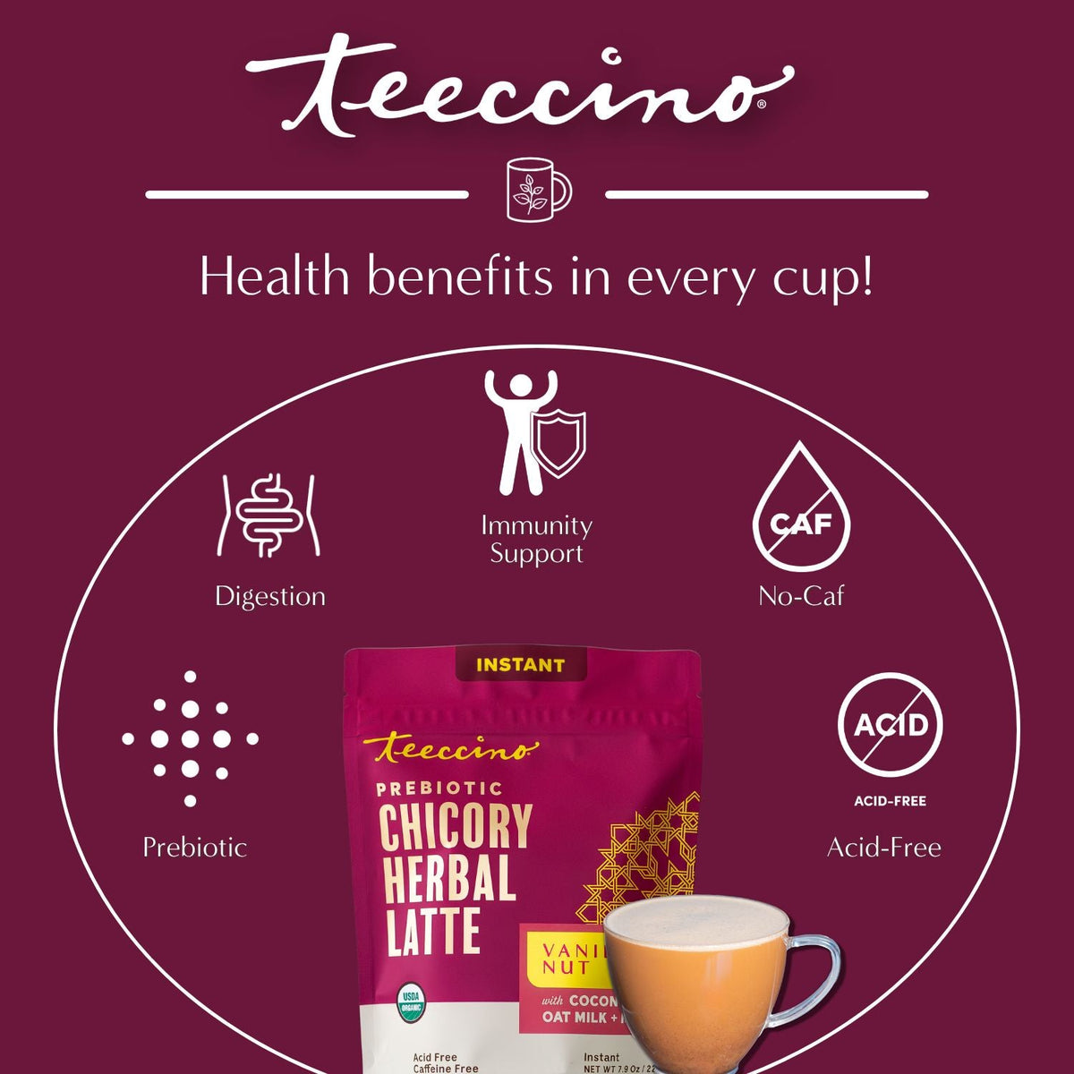 Instant chicory herbal latte pouch with a warm cup, health benefits icons